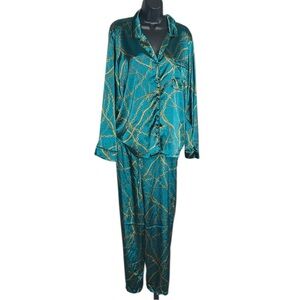 INC International Concepts XL Two Piece Satin Pajama Set Green Chain Link Print
